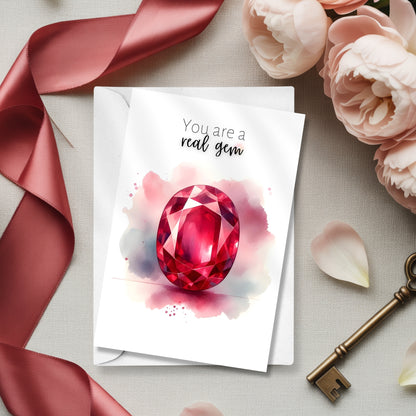 You are a real gem | Watercolor Oval Ruby Folded Card