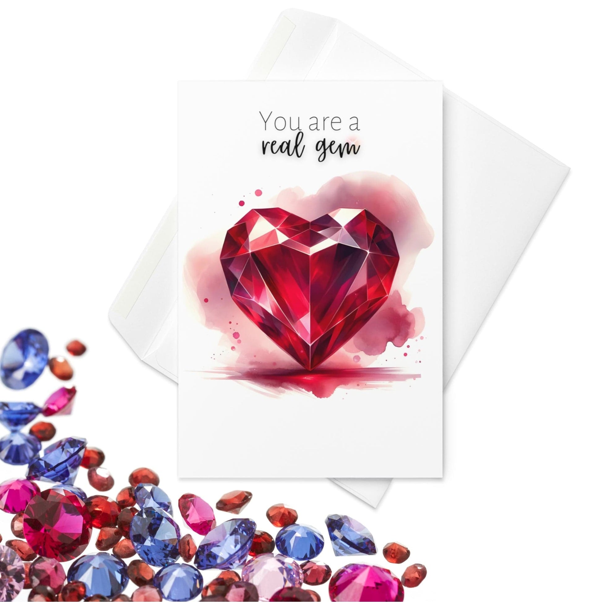 "You are a real gem" Watercolor Ruby Heart Folded Card Cards by Nodeform