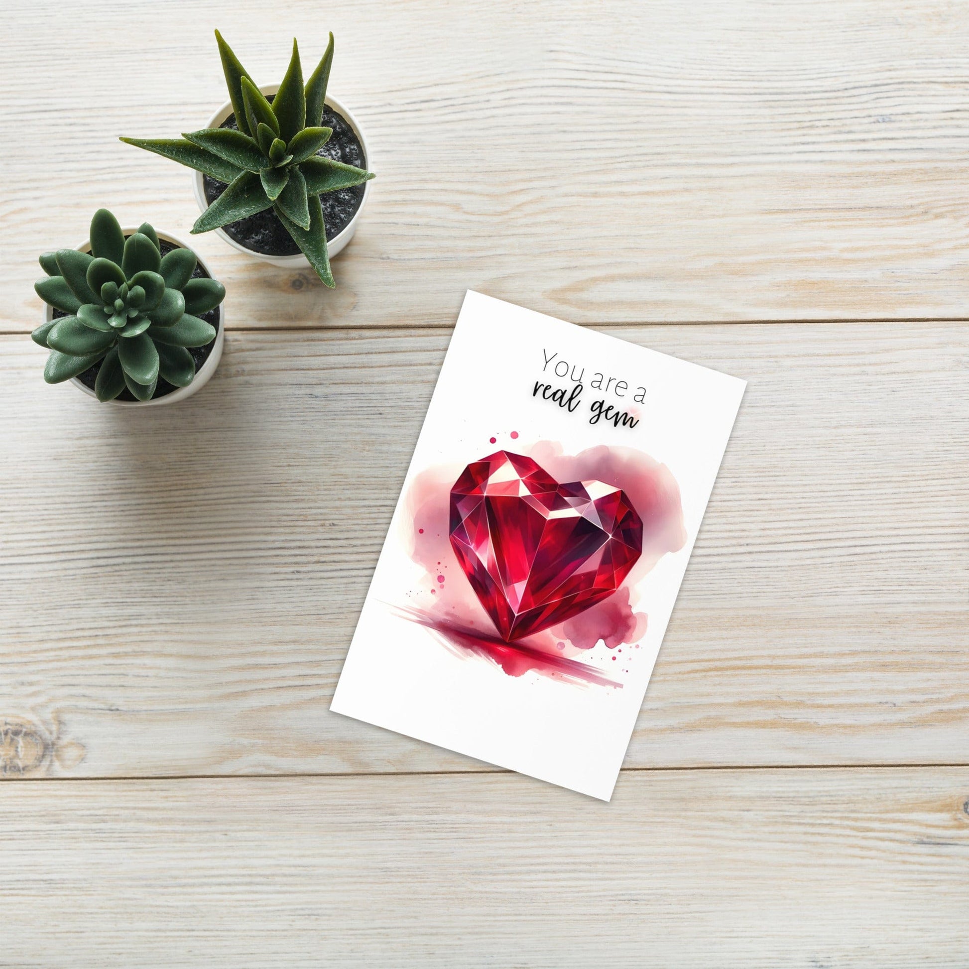 "You are a real gem" Watercolor Ruby Heart Folded Card Cards by Nodeform