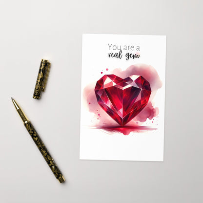 "You are a real gem" Watercolor Ruby Heart Folded Card Cards by Nodeform