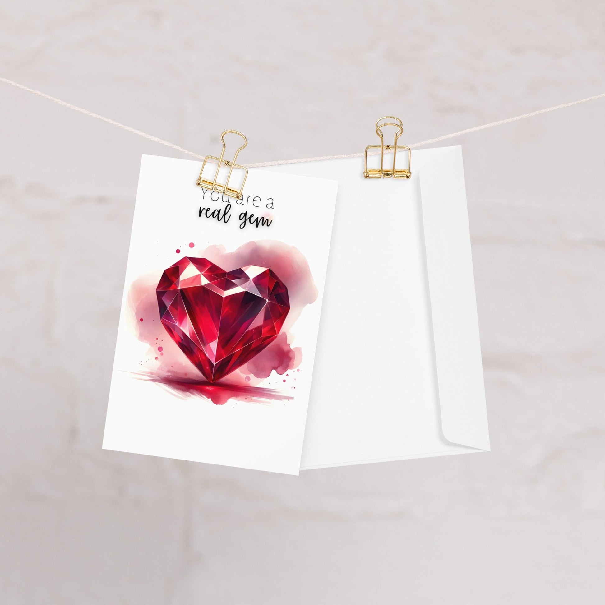 "You are a real gem" Watercolor Ruby Heart Folded Card Cards by Nodeform