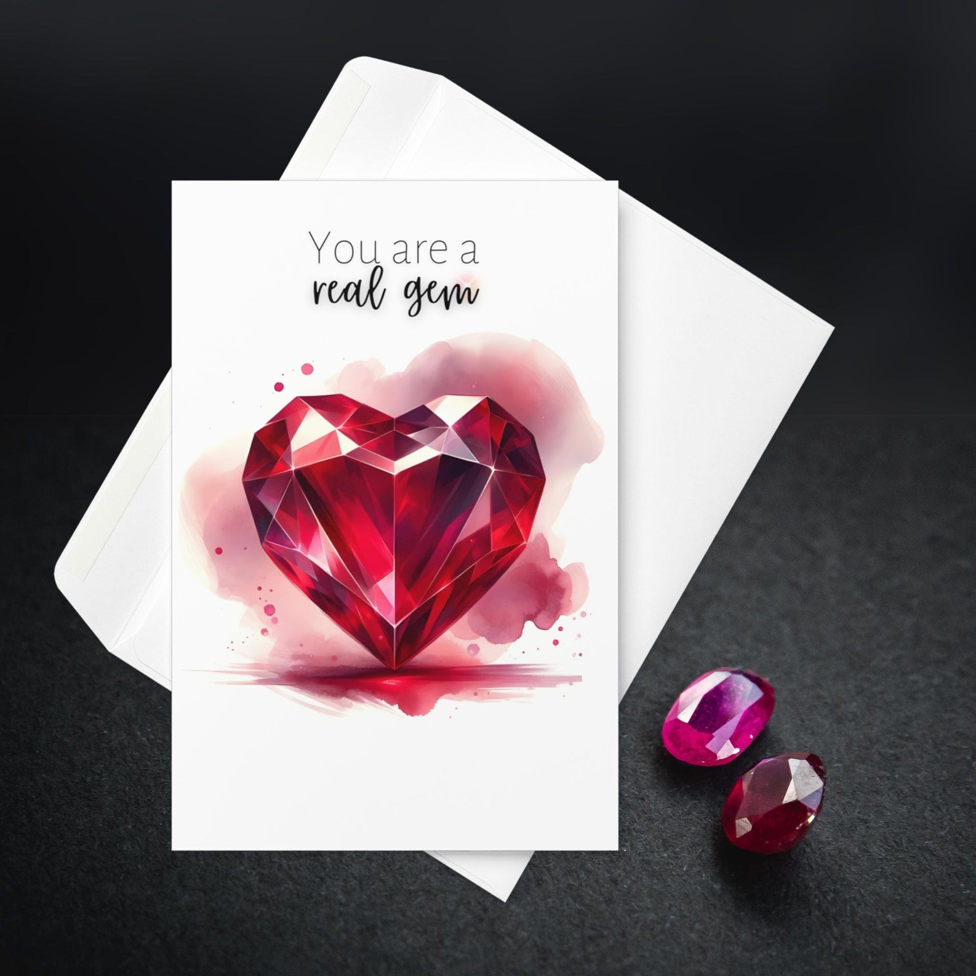 "You are a real gem" Watercolor Ruby Heart Folded Card Cards by Nodeform