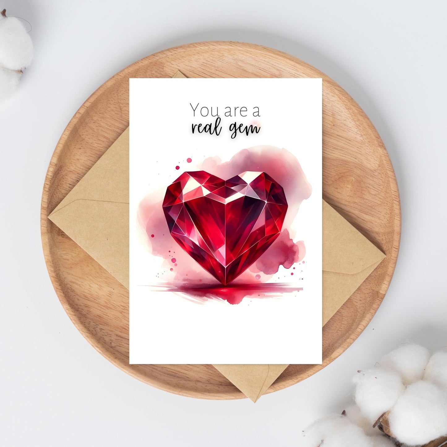 "You are a real gem" Watercolor Ruby Heart Folded Card Cards by Nodeform