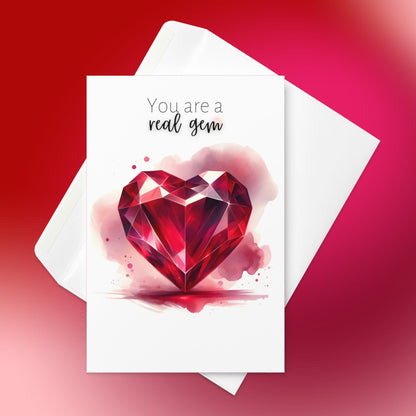 "You are a real gem" Watercolor Ruby Heart Folded Card Cards by Nodeform