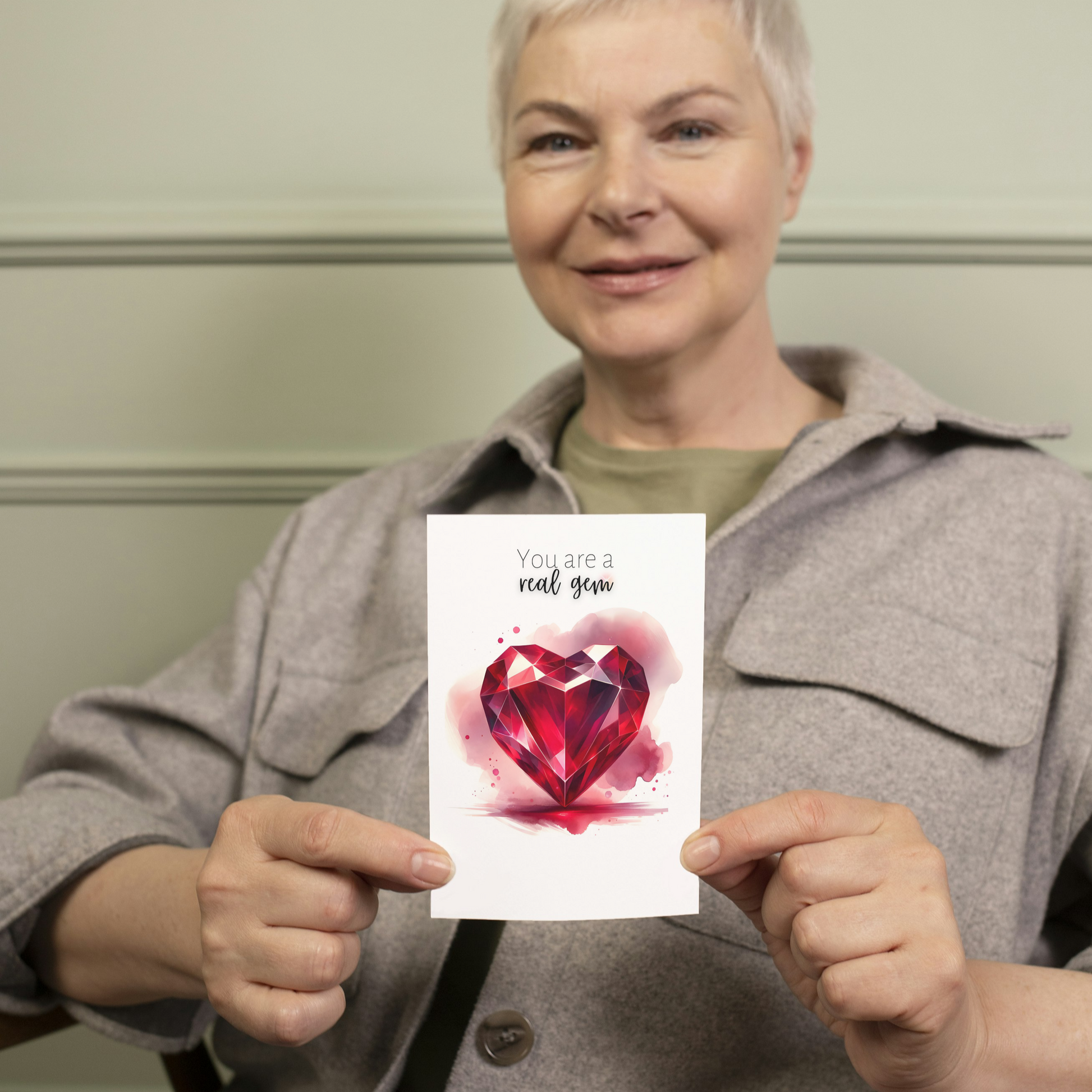 "You are a real gem" Watercolor Ruby Heart Folded Card Cards by Nodeform