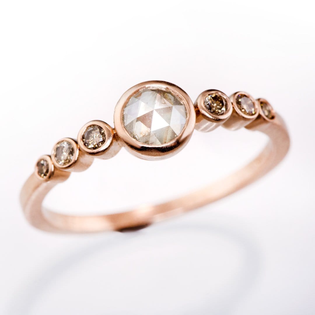 Bezel set Rose Cut Diamond & Graduated Champagne Diamond  Engagement Ring 14k Rose Gold Ring by Nodeform