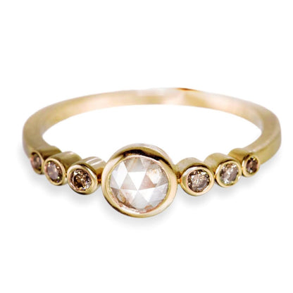Bezel set Rose Cut Diamond & Graduated Champagne Diamond  Engagement Ring 14k Yellow Gold Ring by Nodeform