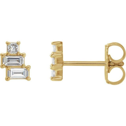 Geometric Art Deco Inspired Baguette and Princess Diamond Cluster Stud Earrings 14k Yellow Gold Earrings by Nodeform