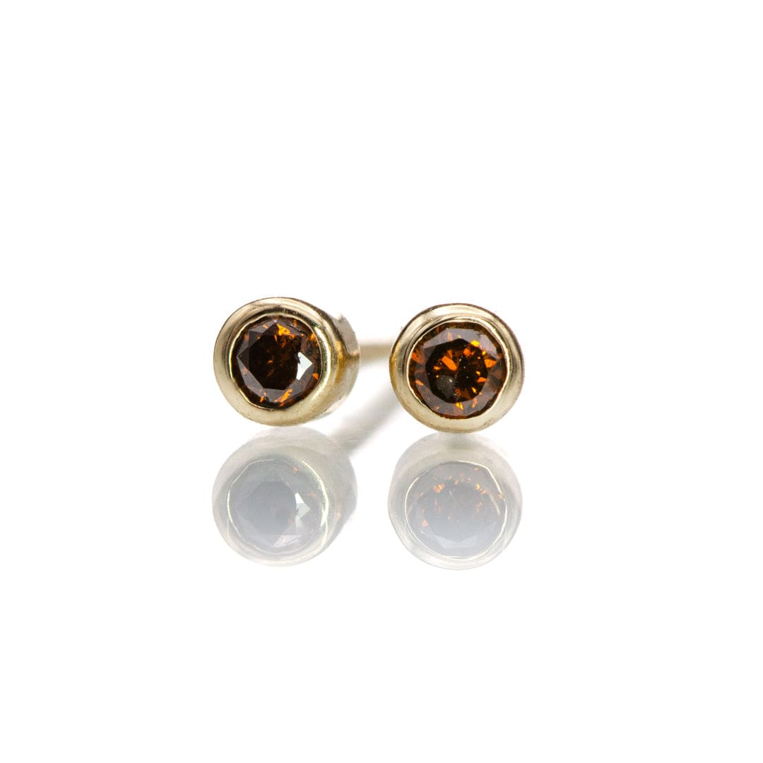 Tiny Coffee colored Diamond Bezel Set 14k Yellow Gold Stud Earrings, Ready to Ship Earrings by Nodeform