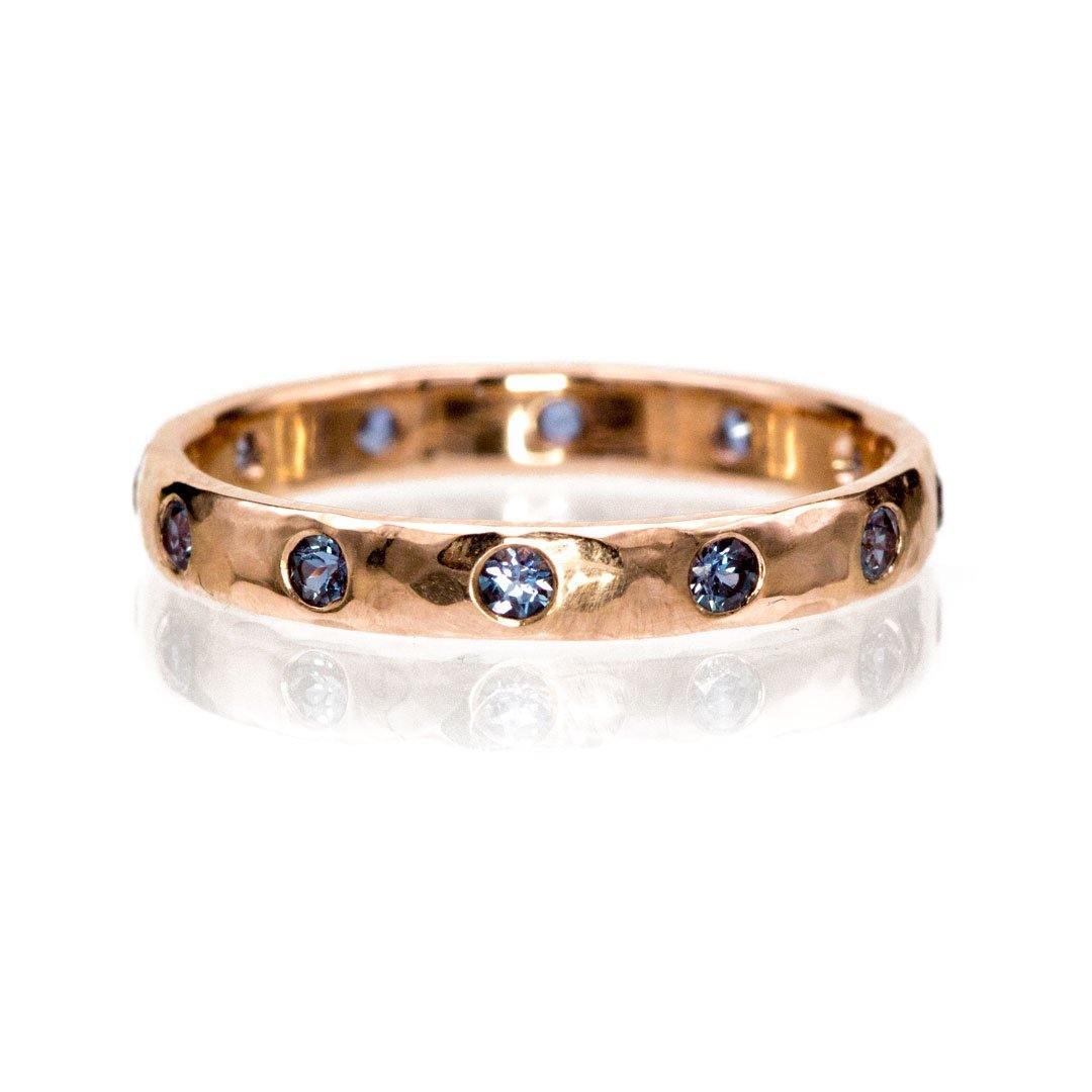 Narrow Hammered Texture Eternity Wedding Band With Flush Set Alexandrites 14k Rose Gold / 3mm Ring by Nodeform