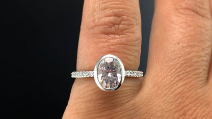 Oval Moissanite Peekaboo Bezel Diamond Pave Engagement Ring