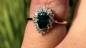 Pear Green Moissanite Ophelia Ring - Prong Set Diamond Halo Engagement Ring