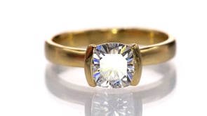 Cushion Moissanite Ring Modified Tension Solitaire Yellow Gold Engagement Ring