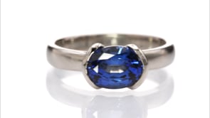Chatham Lab Created Oval Blue Sapphire Half Bezel Solitaire Engagement Ring