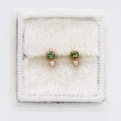 Fair Trade Blue-Green Montana Sapphire Bezel Stud Earrings With Moissanite Accents Earrings by Nodeform
