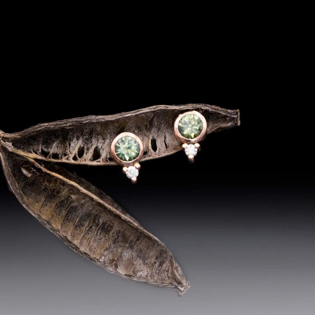 Fair Trade Blue-Green Montana Sapphire Bezel Stud Earrings With Moissanite Accents 14k Rose Gold Earrings by Nodeform