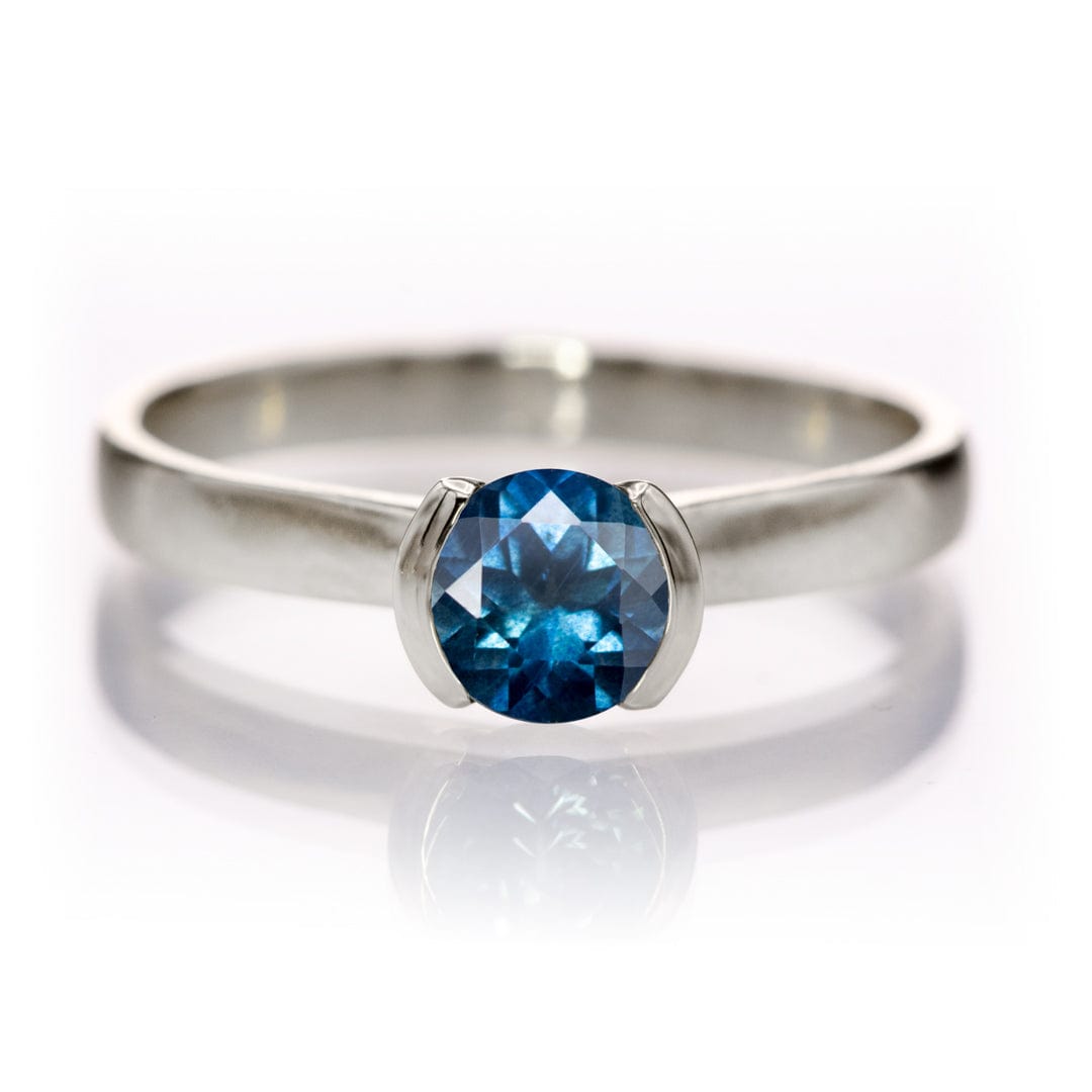 Round Fair Trade Blue/Teal Blue Malawi Sapphire Half Bezel Solitaire Engagement Ring Ring by Nodeform