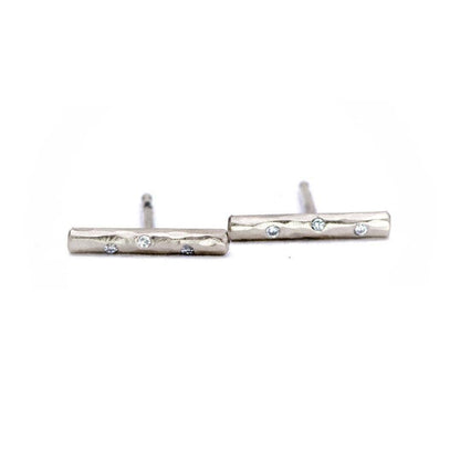 Short Hammered Bar Studs Earrings with Flush set diamonds Platinum Earrings by Nodeform