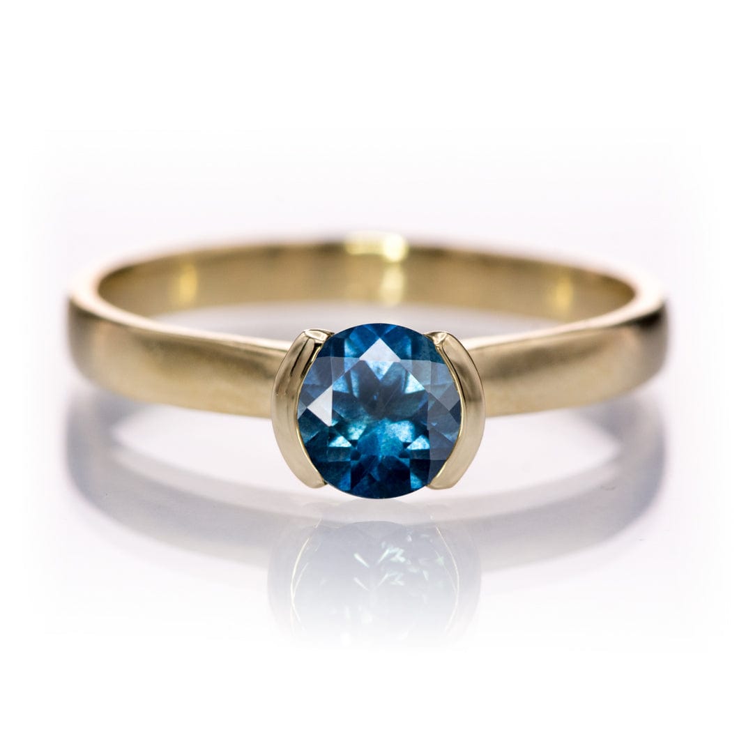 Round Fair Trade Blue/Teal Blue Malawi Sapphire Half Bezel Solitaire Engagement Ring 5mm Blue Sapphire #B2 or #B3 / 14k Yellow Gold Ring by Nodeform