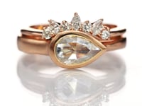 Sideways Rose Cut Moissanite Pear Bezel Set Solitaire 14k Rose gold Engagement Ring, Ready to ship