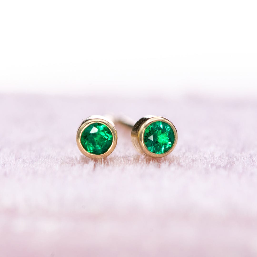 Tiny Green Emerald Bezel Set 14k Yellow Gold Stud Earrings, Ready to Ship Earrings by Nodeform