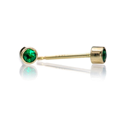 Tiny Green Emerald Bezel Set 14k Yellow Gold Stud Earrings, Ready to Ship Earrings by Nodeform