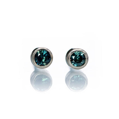 Tiny Teal Blue Sapphire Bezel Set 14k White Gold Stud Earrings, Ready to Ship Earrings by Nodeform