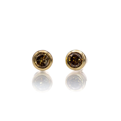 Tiny Cognac colored Diamond Bezel Set 14k Yellow Gold Stud Earrings, Ready to Ship Earrings by Nodeform