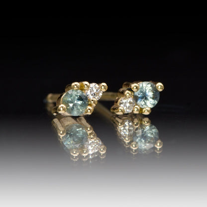 Fair Trade Blue-Green Montana Sapphire & Diamond Stud Earrings 14k Yellow Gold Earrings by Nodeform
