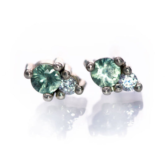 Fair Trade Blue-Green Montana Sapphire & Diamond Stud Earrings 14k White Gold (contains Nickel) Earrings by Nodeform