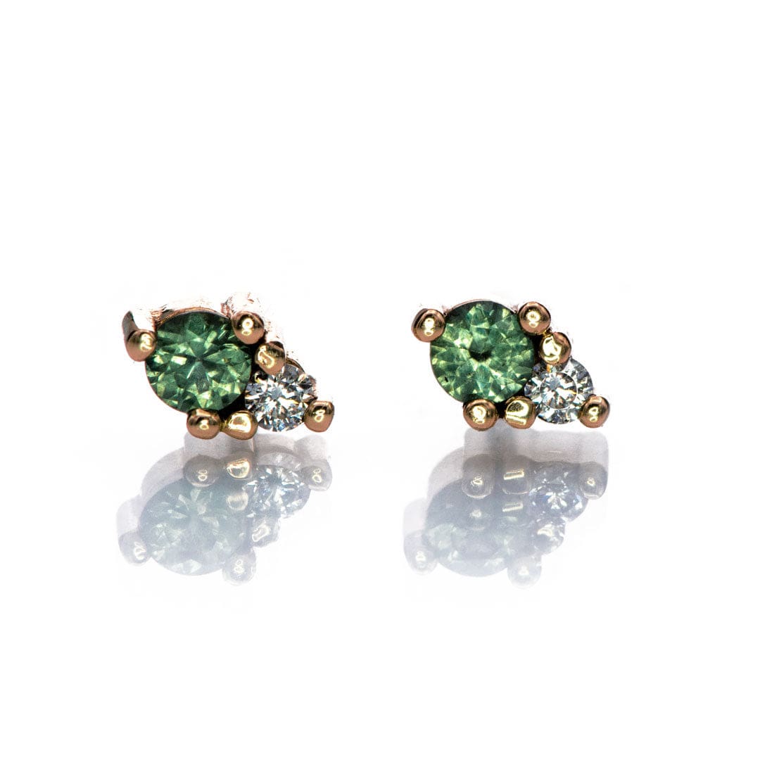 Fair Trade Blue-Green Montana Sapphire & Diamond Stud Earrings 14k Rose Gold Earrings by Nodeform