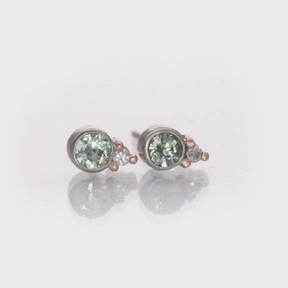 Fair Trade Green-blue Montana Sapphire Mixed Metal Bezel Stud Earrings with Moissanite Accents