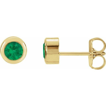 4mm Round Lab Emerald Bezel Stud Earrings 14k Yellow Gold Earrings by Nodeform