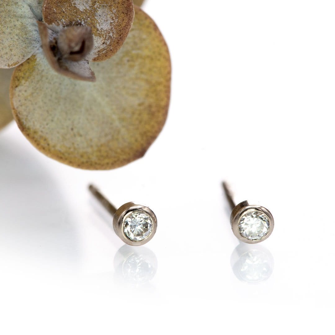 Tiny Lab Diamond Bezel Set 14k White Gold Stud Earrings, Ready to Ship