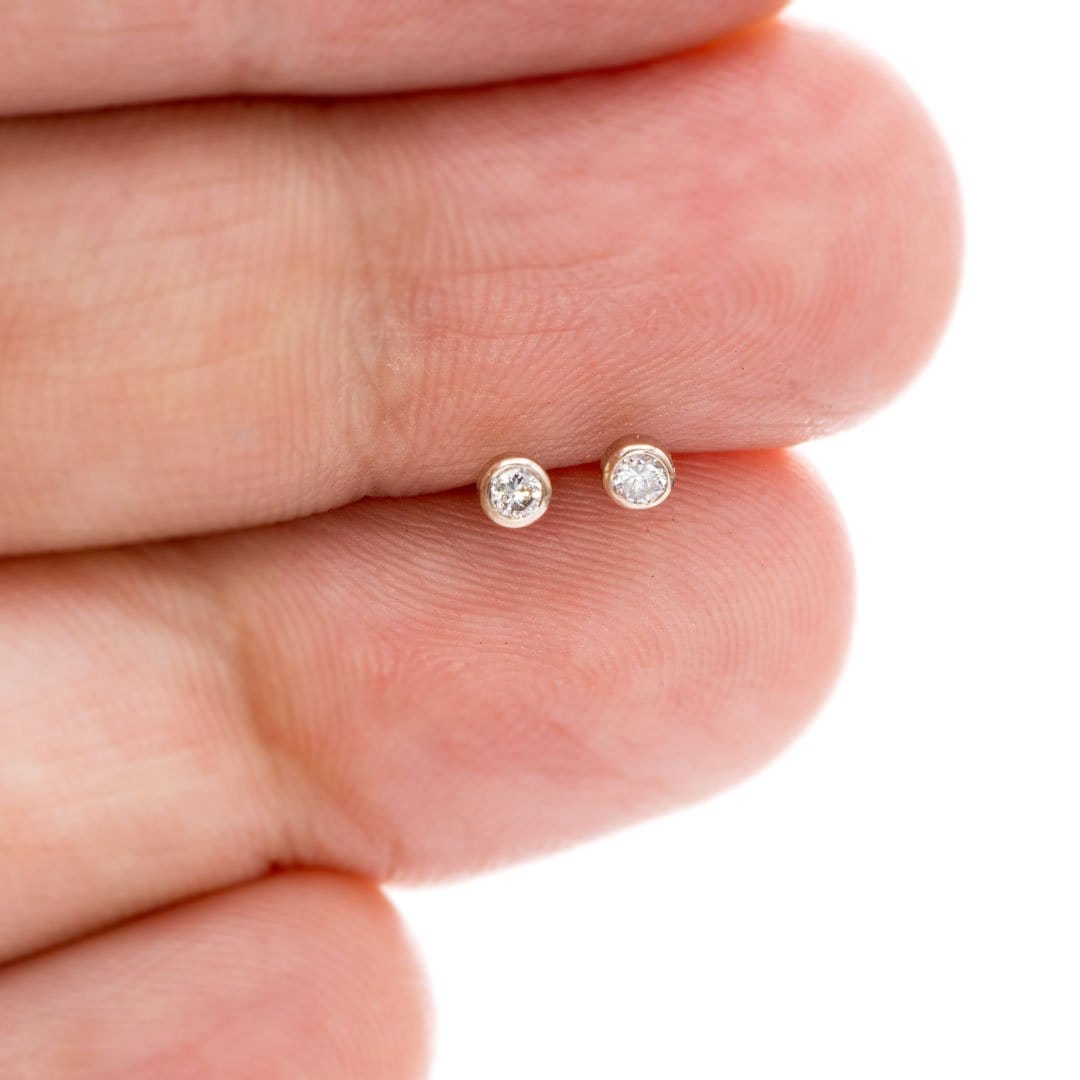 Tiny Lab Diamond Bezel Set 14k White Gold Stud Earrings, Ready to Ship Earrings by Nodeform