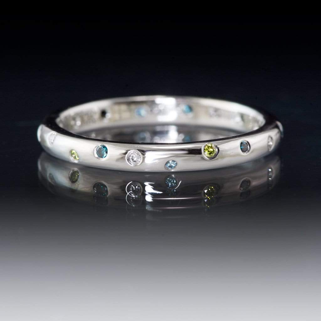 Mariella Band - Narrow Eternity Wedding Ring with white, teal & blue & green diamonds 2.5mm wide / 14kPD White Gold Ring by Nodeform