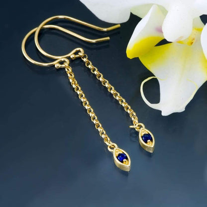 Australian Kings Plain Blue Sapphire Marquise Shape Long Dangle Earrings {Ready To Ship} 14k Yellow Gold Earrings by Nodeform