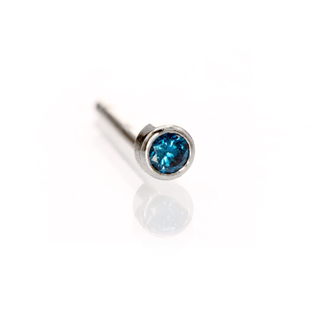 Tiny Teal Blue Diamond Bezel Set  Gold or Platinum Single Stud Earring 14k White Gold / 2mm diameter/~0.03 ct Earrings by Nodeform