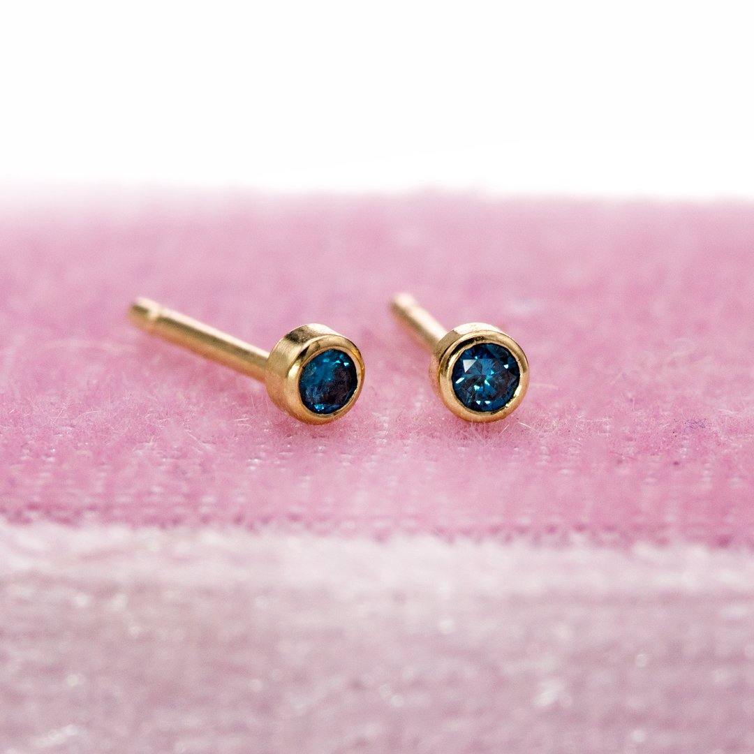 Tiny Teal Blue Diamond Bezel Set 14k Yellow Gold Stud Earrings, Ready to Ship Earrings by Nodeform