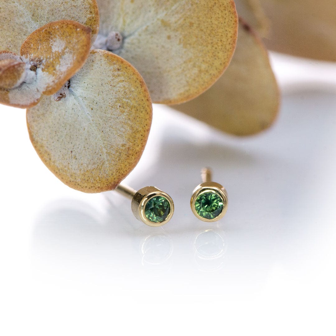 Tiny Teal Green Sapphire Bezel Set 14k Yellow Gold Stud Earrings, Ready to Ship Earrings by Nodeform