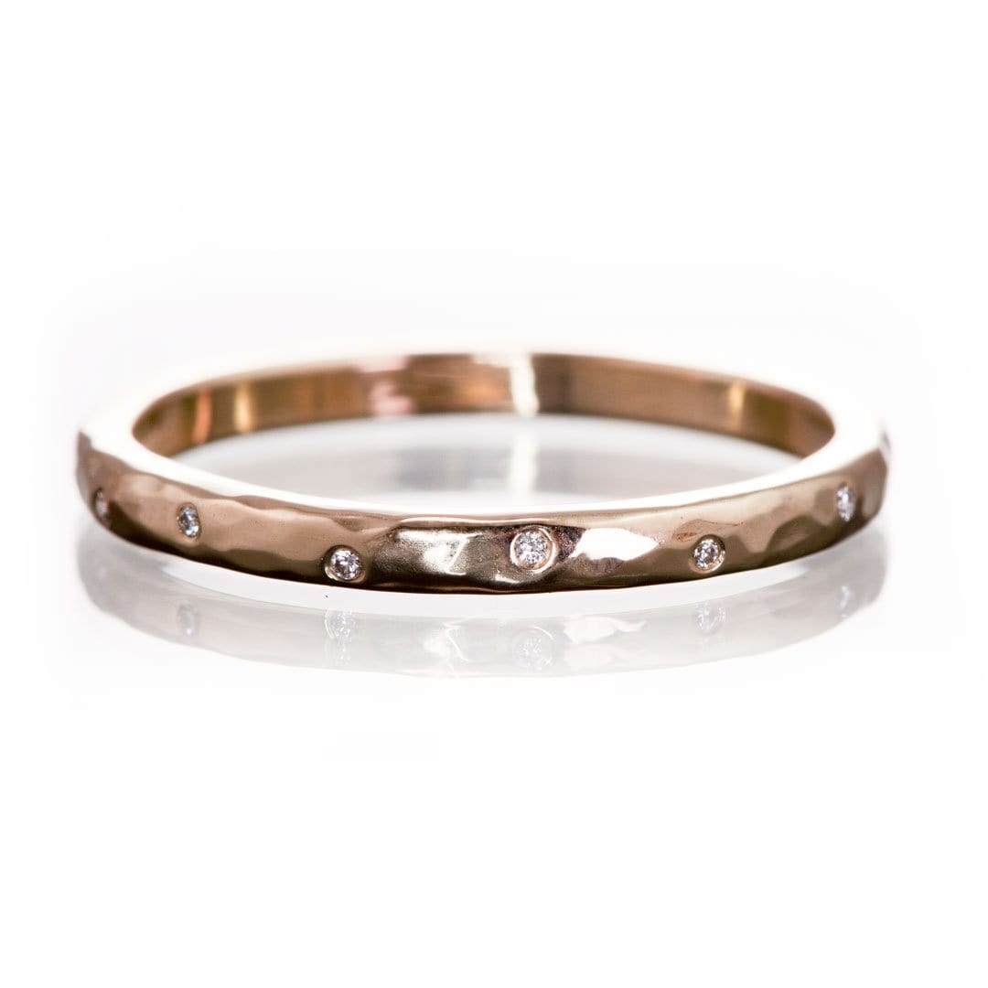 Thin Diamond Wedding Ring Skinny Gold Hammered Texture Wedding Band 2mm wide / 14k Rose Gold / 5 Diamonds Ring by Nodeform