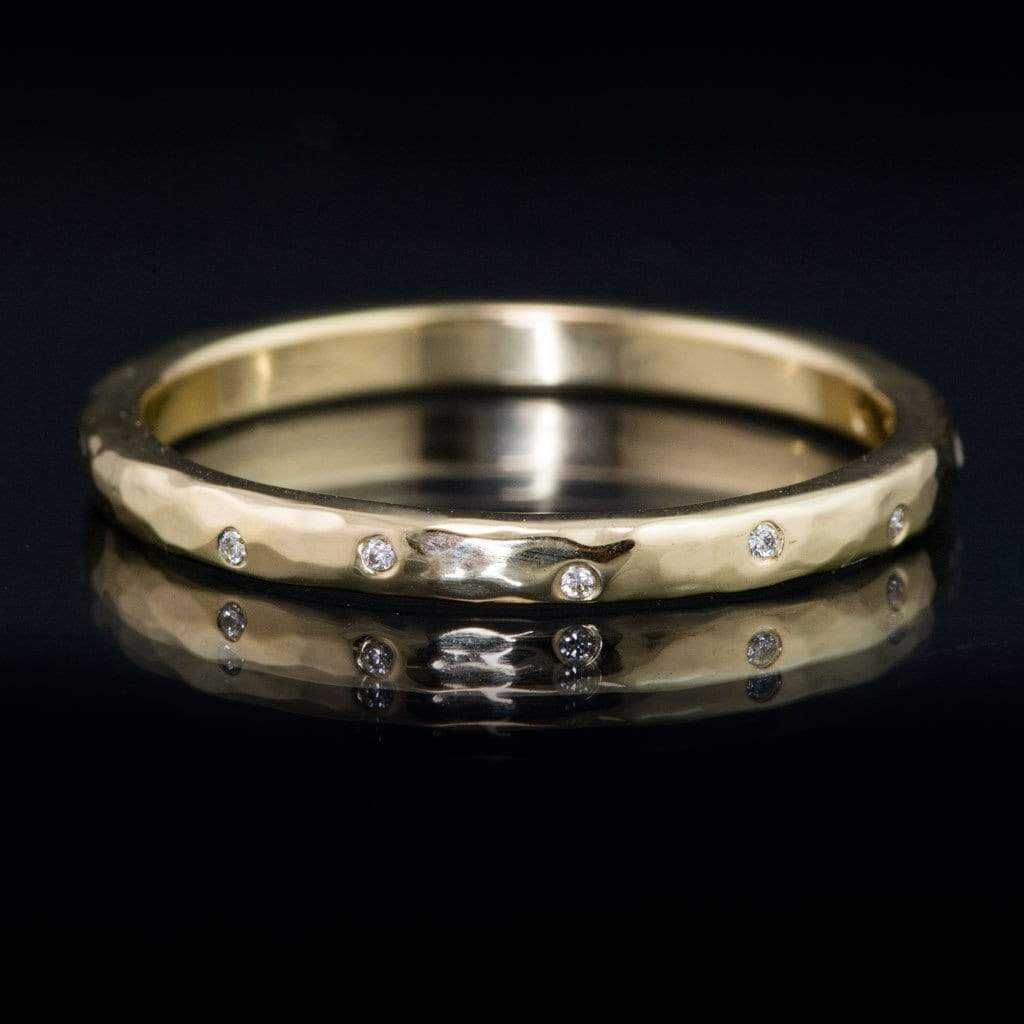 Thin Diamond Wedding Ring Skinny Gold Hammered Texture Wedding Band 1.5mm wide / 14k Yellow Gold / 5 Diamonds Ring by Nodeform