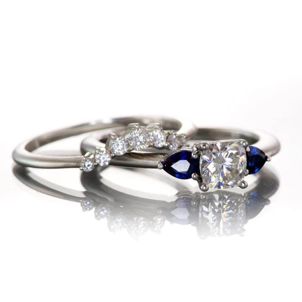 Tressa- Three Stone Engagement Ring, Prong set Cushion Moissanite & Pear Blue Sapphire Accents Ring by Nodeform