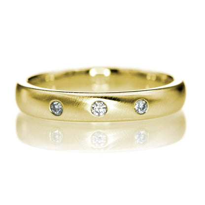 Narrow 3 Moissanite Wedding Ring 3mm / 14k Yellow Gold Ring by Nodeform