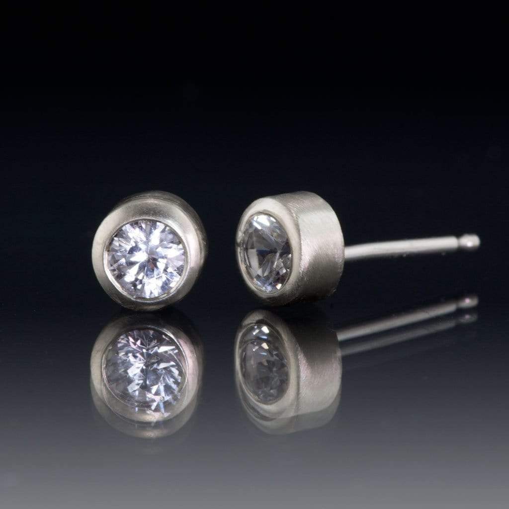 White Sapphire 14k White Gold Bezel Stud Earrings, Ready to Ship 14k White Gold Earrings by Nodeform