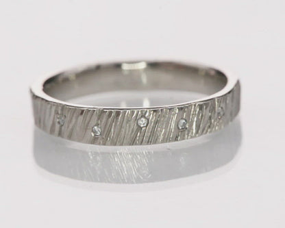 Saw Cut Texture Wedding Band With Diamond Accents