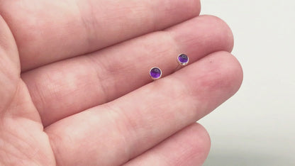 Tiny Purple Amethyst Cabochon Stud Earrings in Sterling Silver, Ready to Ship