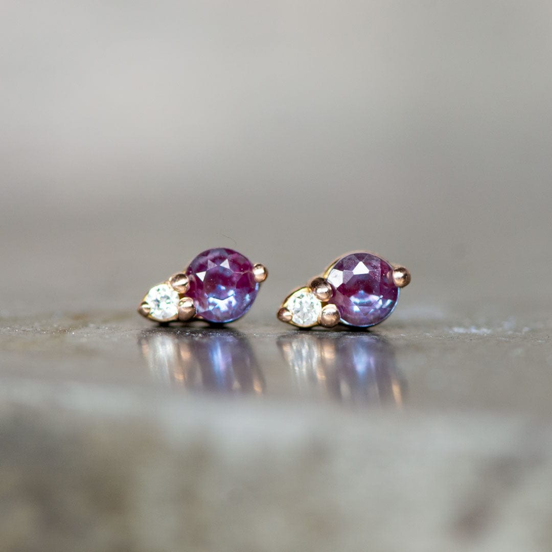 Alexandrite 14k Rose Gold Stud Earrings With Lab Diamond Accent, Ready to Ship Earrings by Nodeform