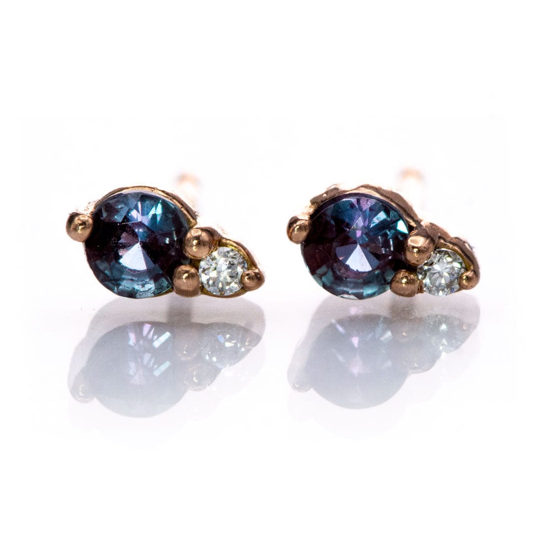 Alexandrite 14k Rose Gold Stud Earrings With Lab Diamond Accent, Ready to Ship Earrings by Nodeform