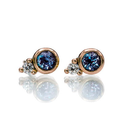 Alexandrite Bezel Set 14k Gold Stud Earrings With Lab Diamond Accent 14k Rose Gold Earrings by Nodeform